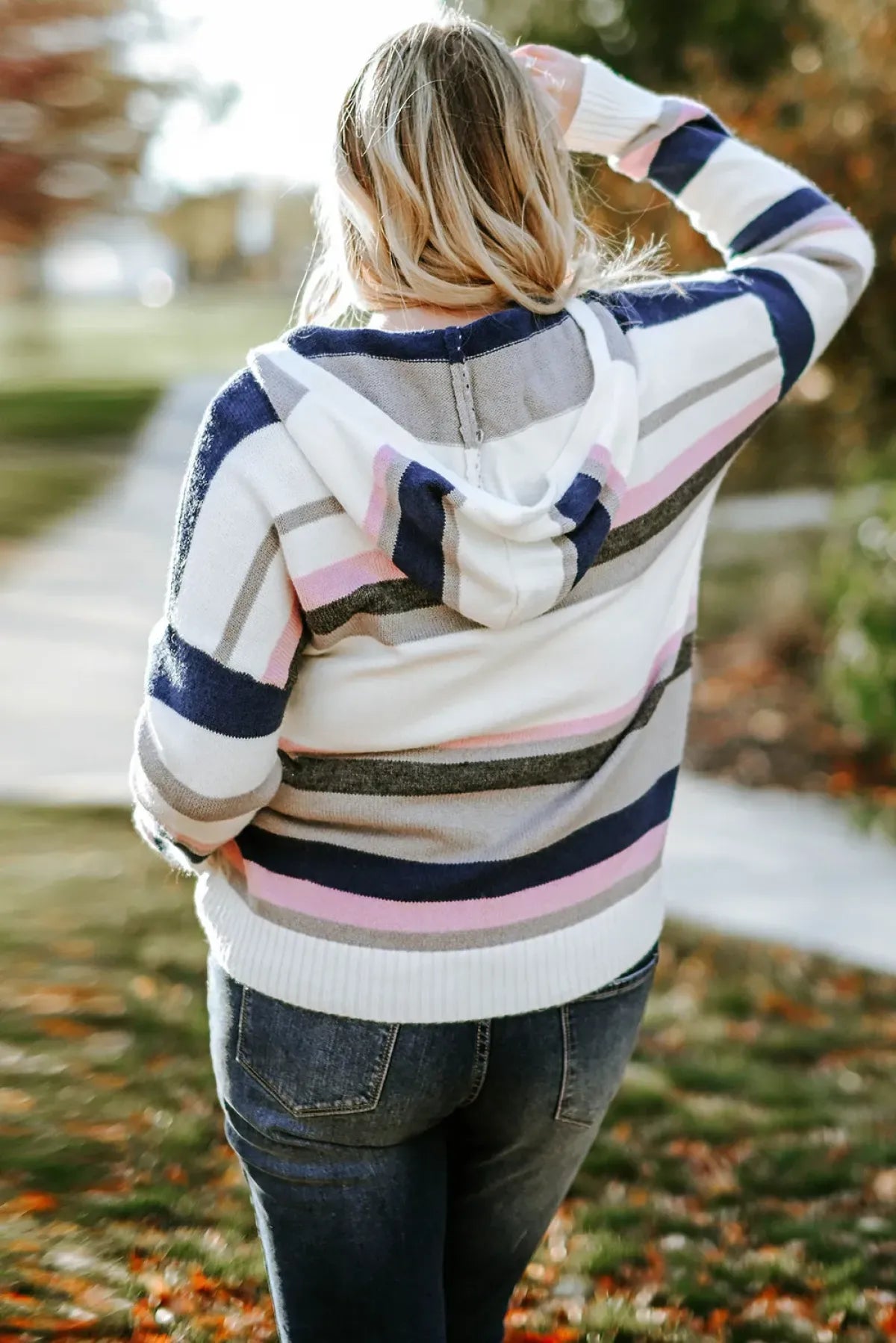 Plus Size Striped Hooded Knit Sweater | Art in Aging