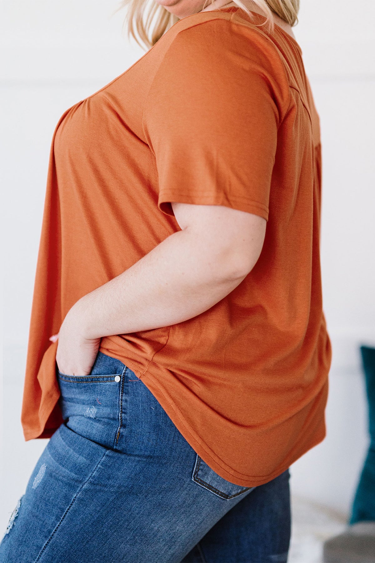 Orange Buttons Ruched O Neck Short Sleeve Plus Size Top | Art in Aging