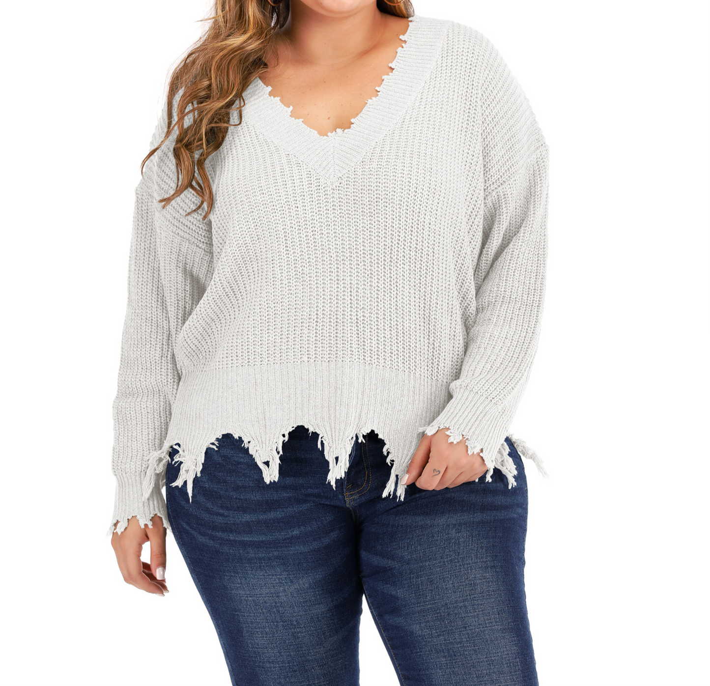 Plus Size V-Line Patchwork Tassels Pullover Sweater | Art in Aging