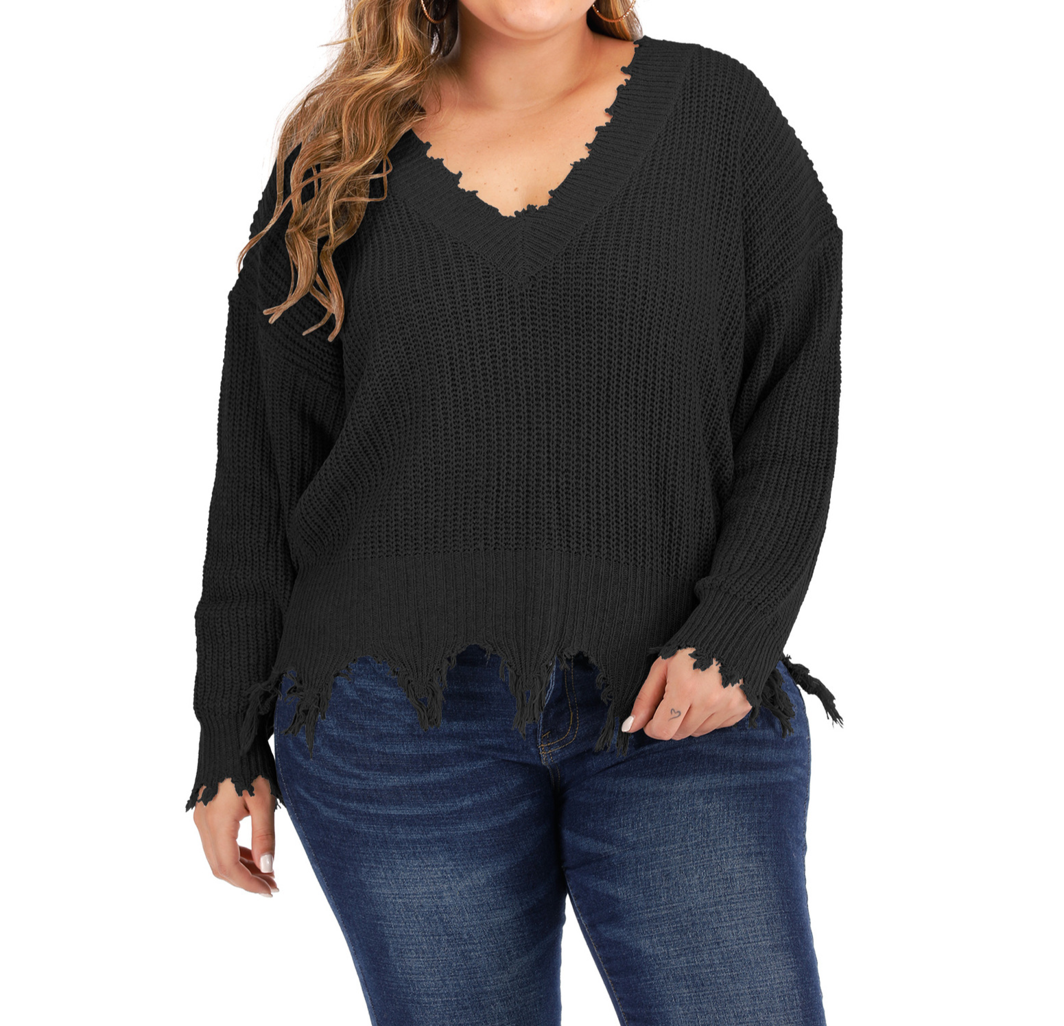Plus Size V-Line Patchwork Tassels Pullover Sweater | Art in Aging