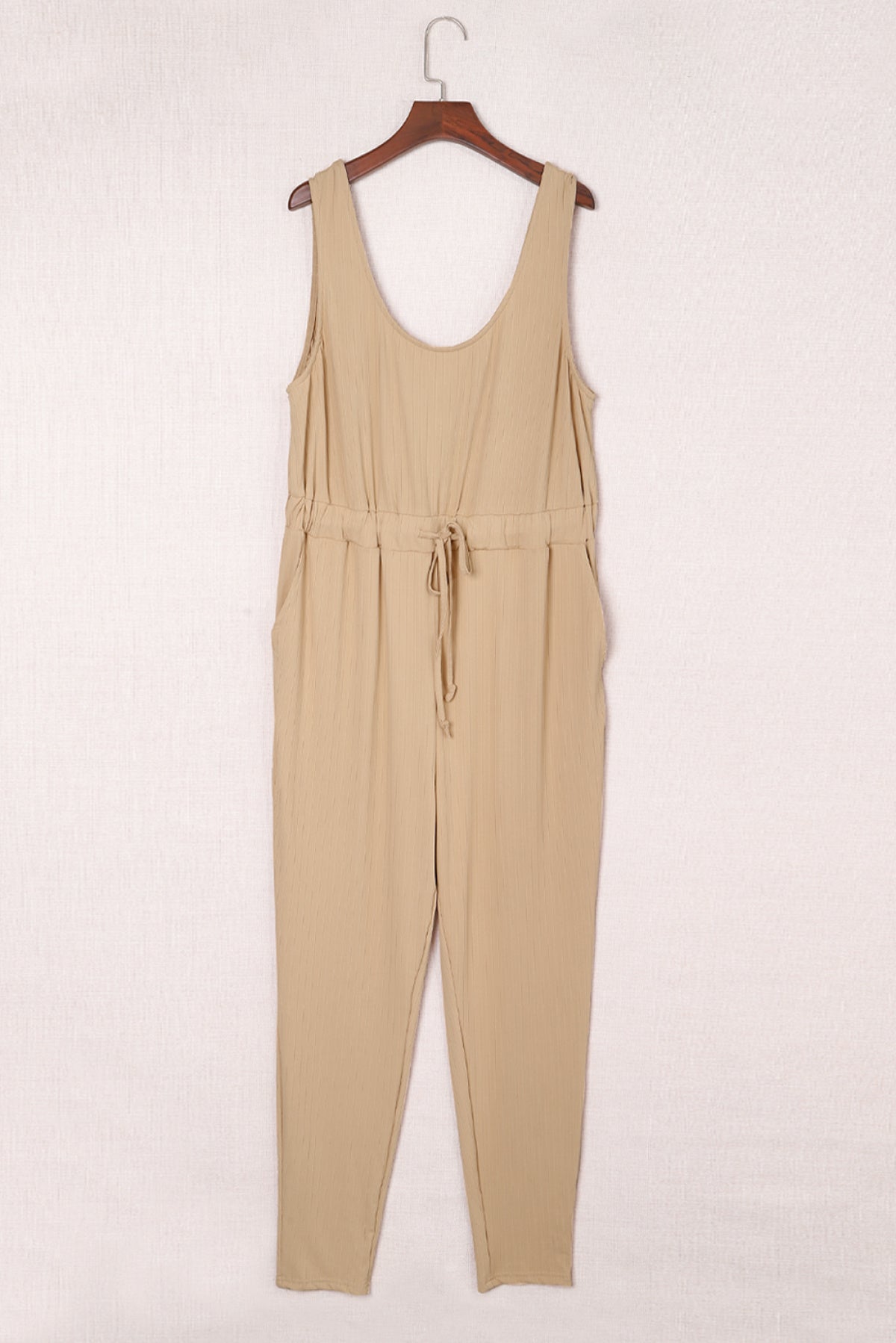 Apricot Ribbed Drawstring Waist Plus Size Sleeveless Jumpsuit | Art in Aging