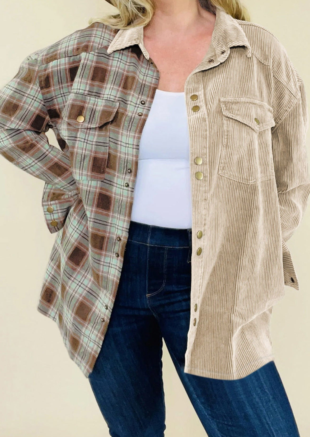 Khaki Plus Size Washed Cord Plaid Shirt | Art in Aging