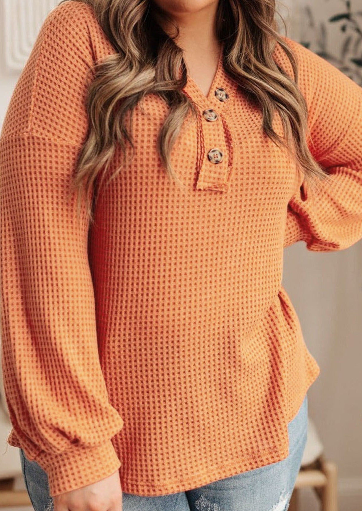 Orange Buttoned V Neck Waffle Knit Plus Size Top | Art in Aging