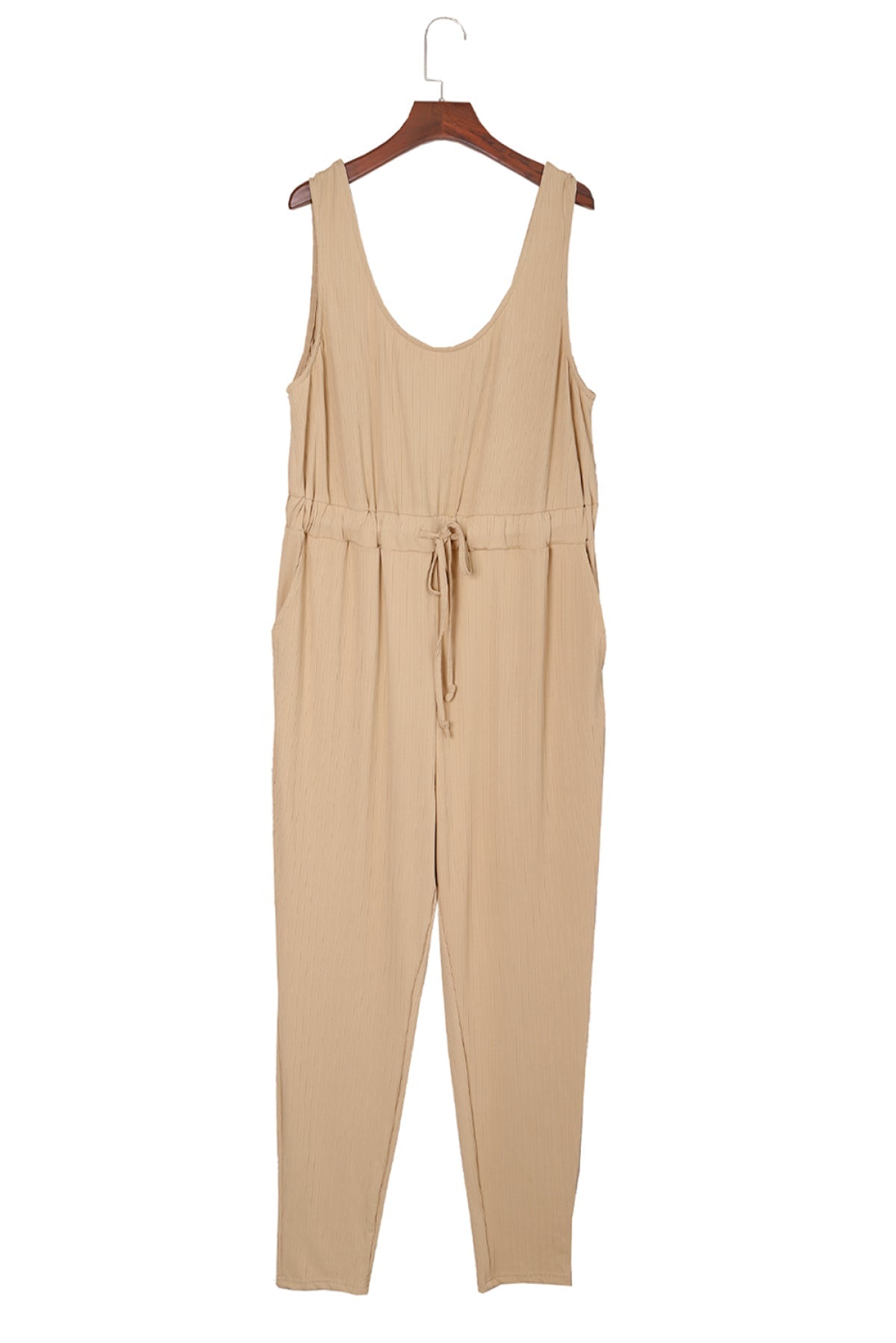 Apricot Ribbed Drawstring Waist Plus Size Sleeveless Jumpsuit | Art in Aging