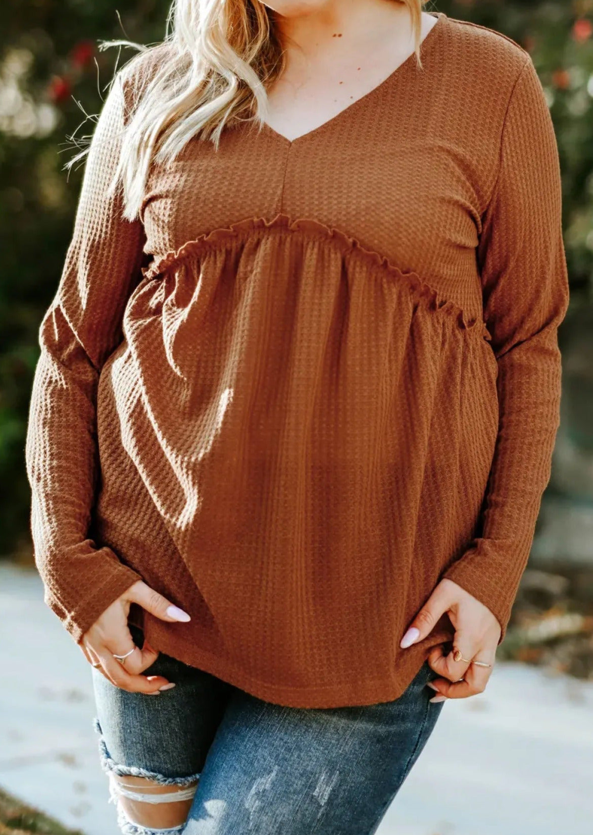 Plus Size Ruffled Waffle Knit Top | Art in Aging