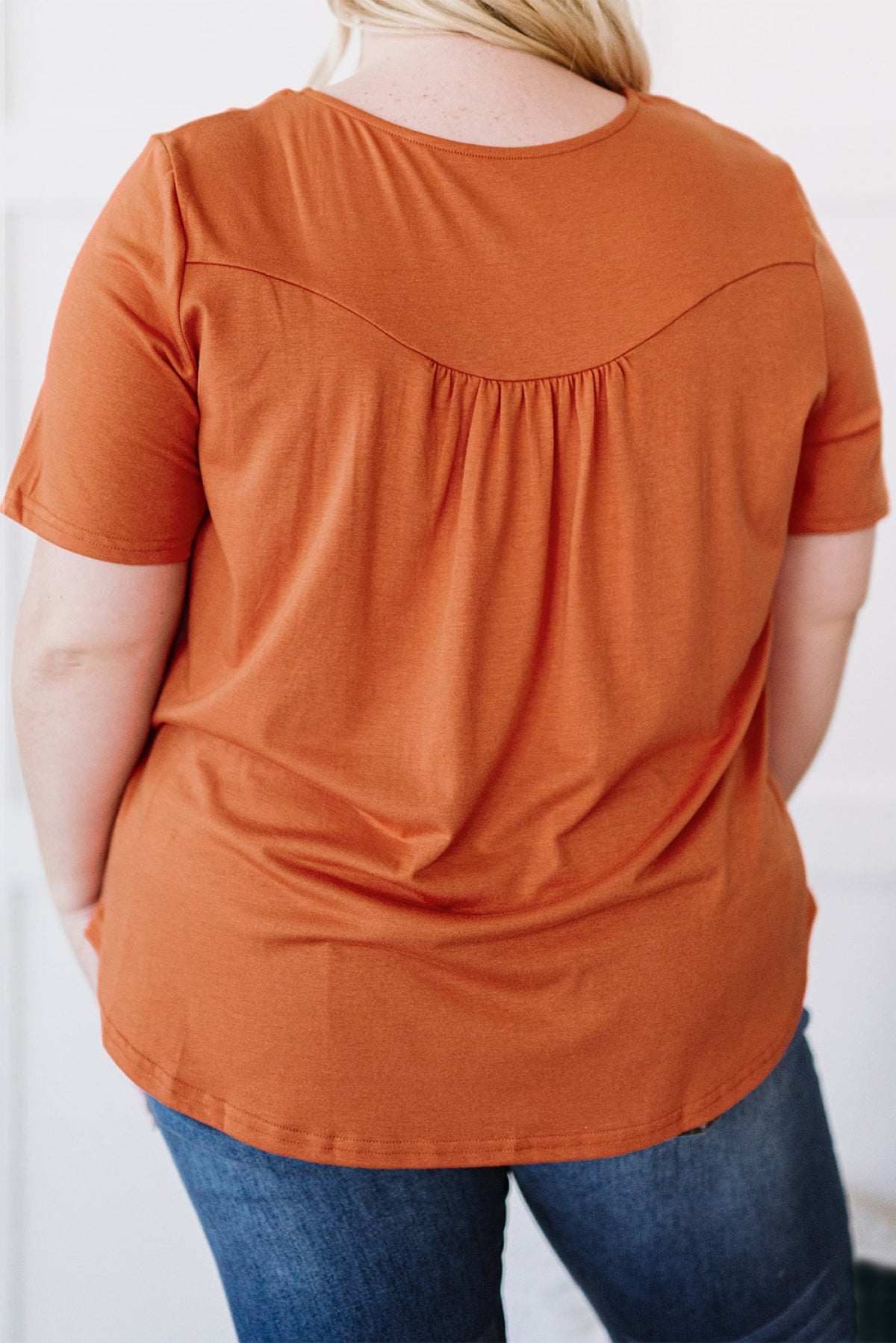 Orange Buttons Ruched O Neck Short Sleeve Plus Size Top | Art in Aging