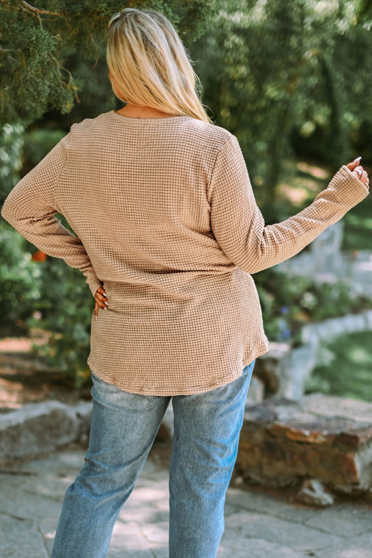 Khaki Plus Size Lace Waffle Knit Top | Art in Aging