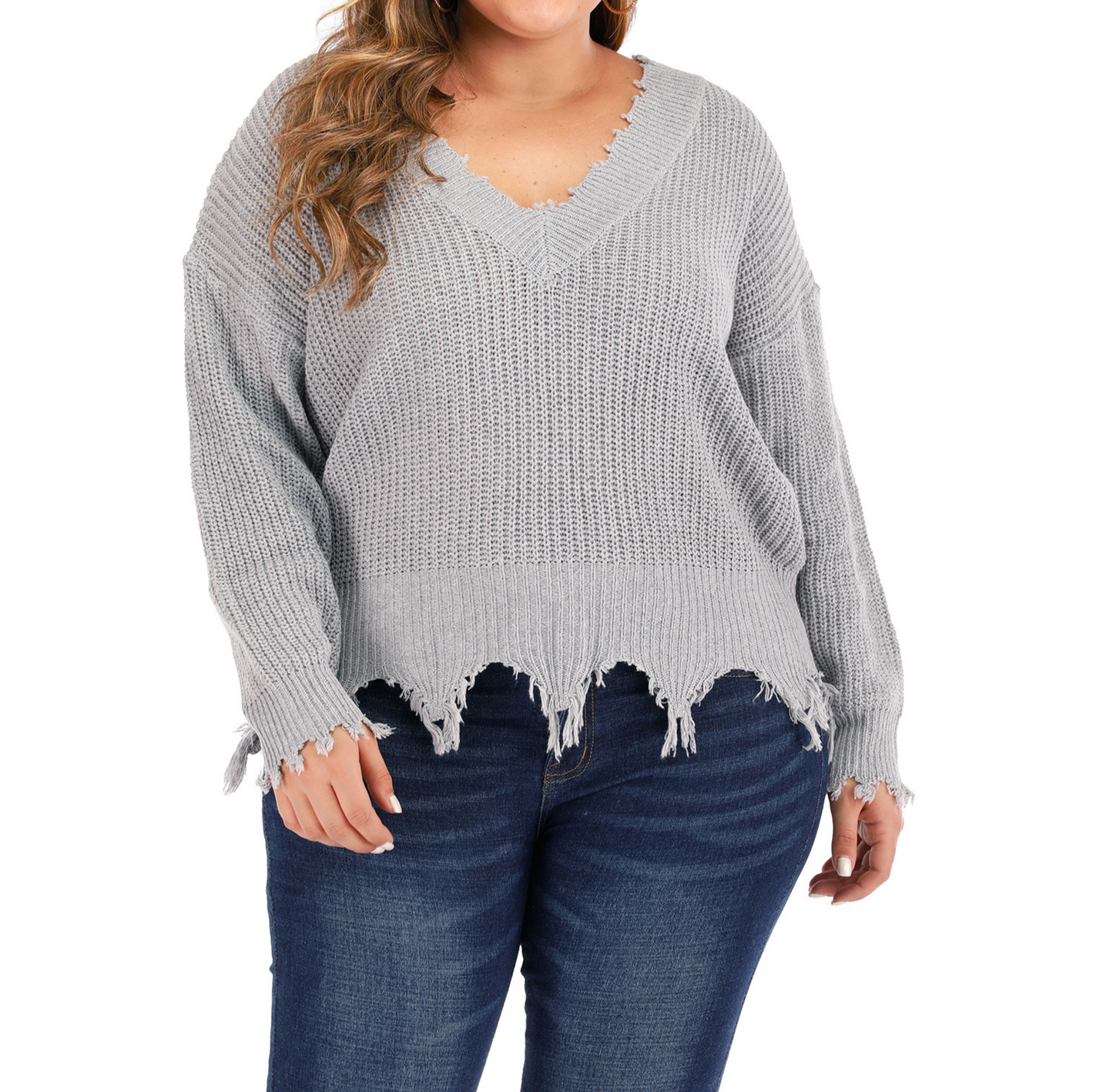 Plus Size V-Line Patchwork Tassels Pullover Sweater | Art in Aging