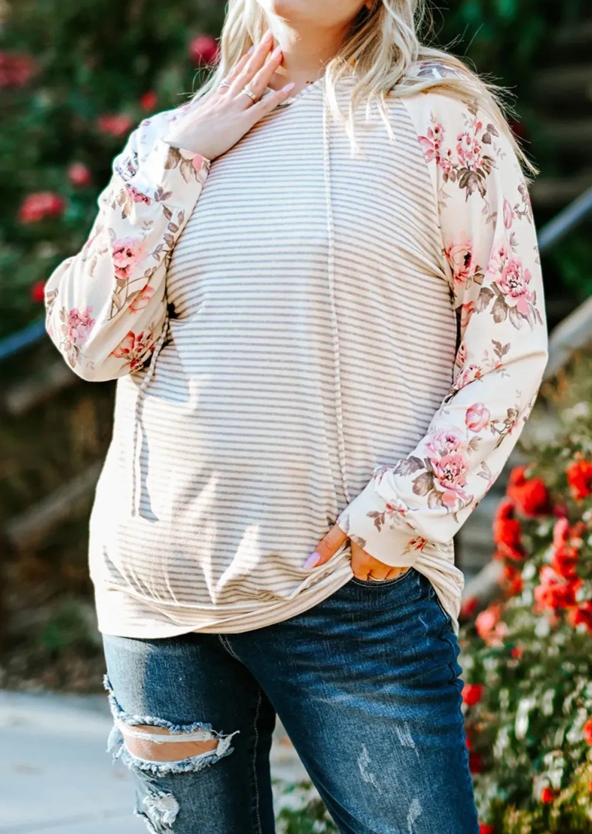 Plus Size Floral Raglan Sleeve Striped Hoodie | Art in Aging