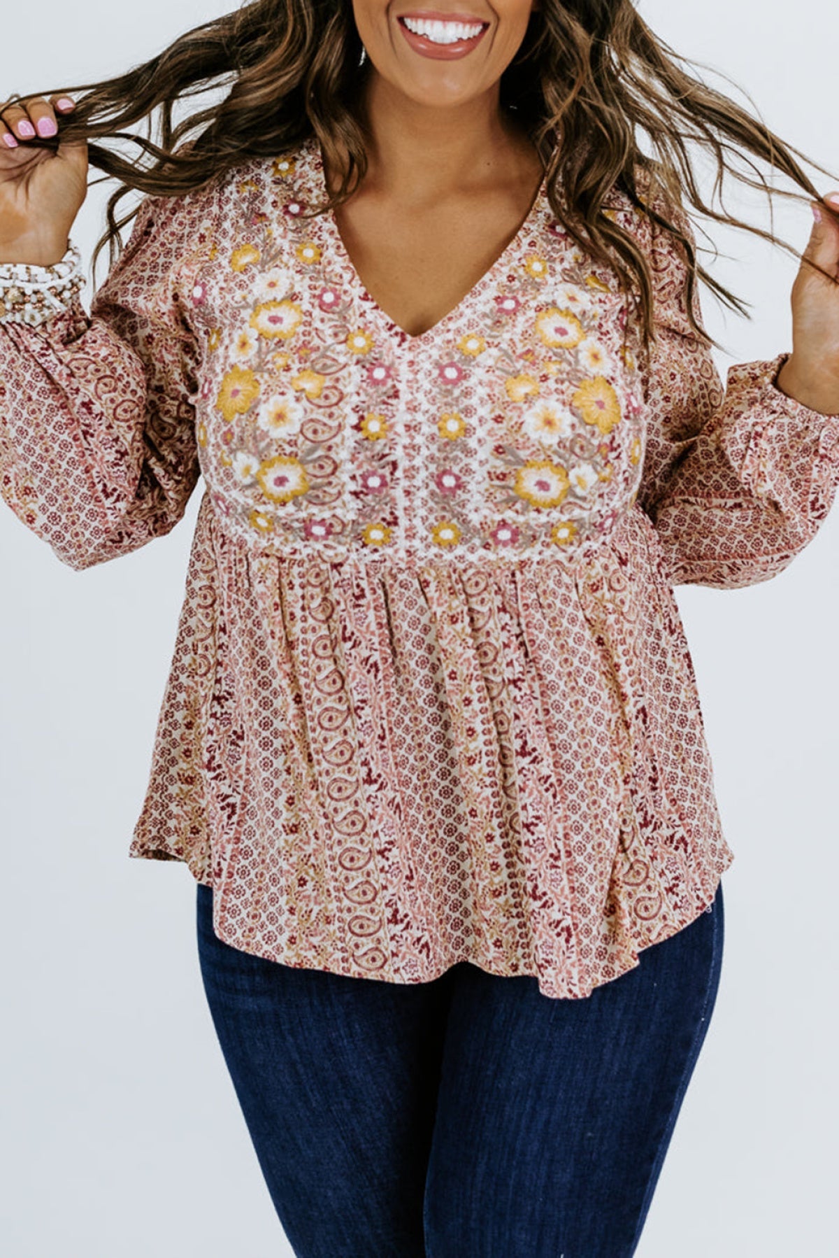 Floral Embroidered Plus Size Babydoll Blouse | Art in Aging