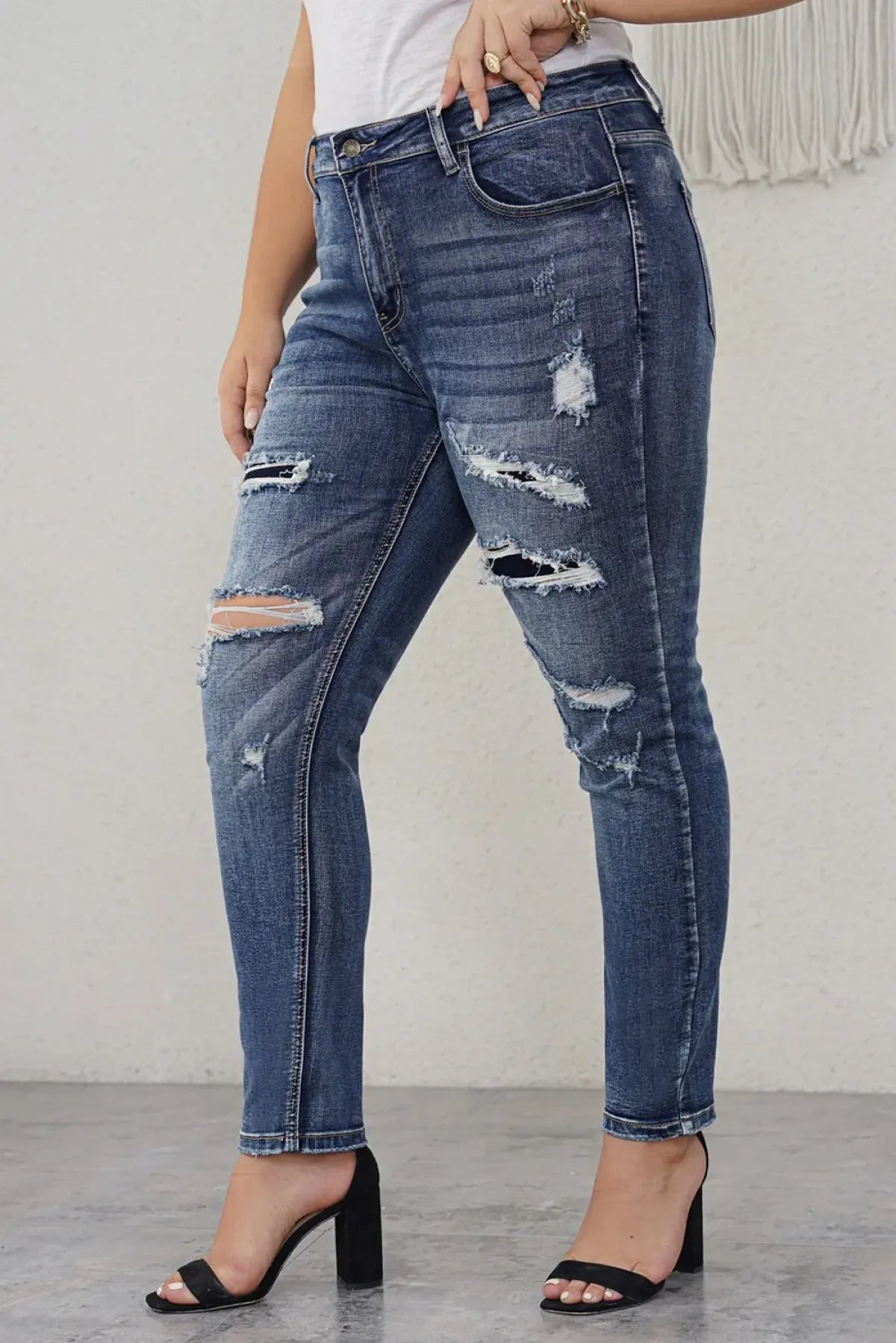 Blue Distressed High Waist Plus Size Jeans | Art in Aging