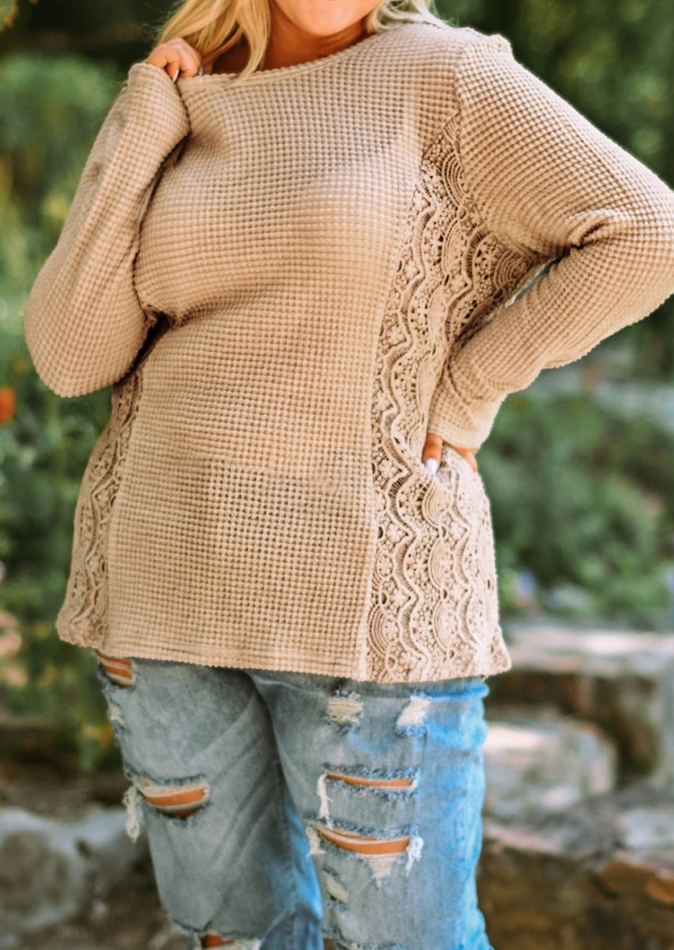 Khaki Plus Size Lace Waffle Knit Top | Art in Aging