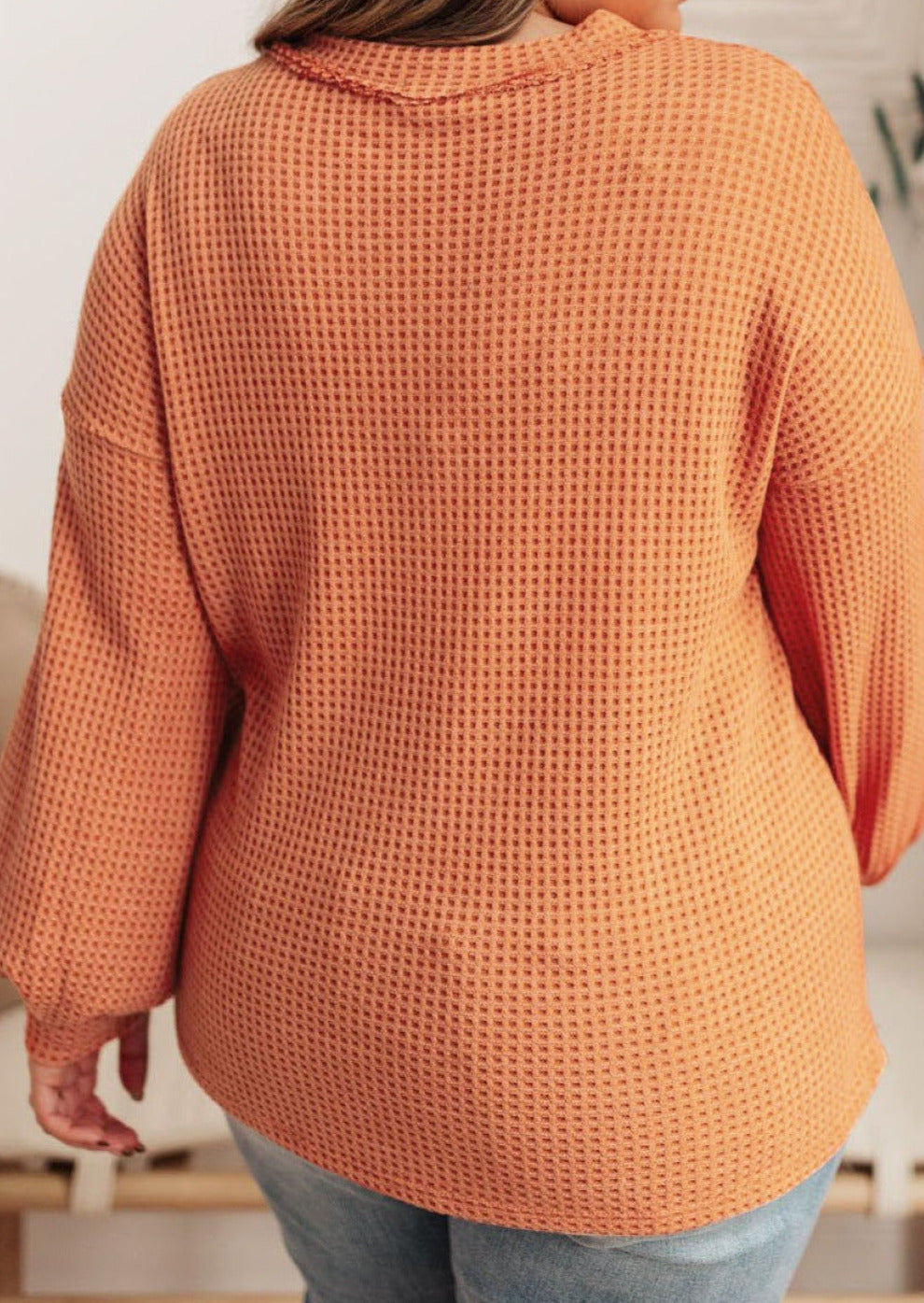 Orange Buttoned V Neck Waffle Knit Plus Size Top | Art in Aging