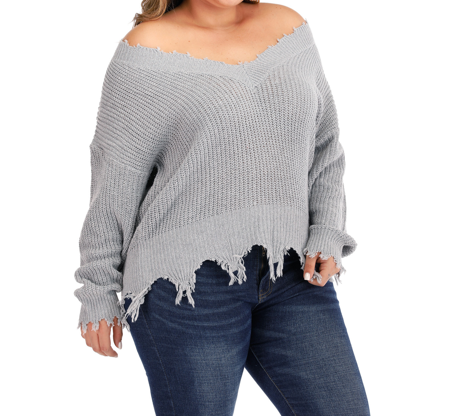 Plus Size V-Line Patchwork Tassels Pullover Sweater | Art in Aging