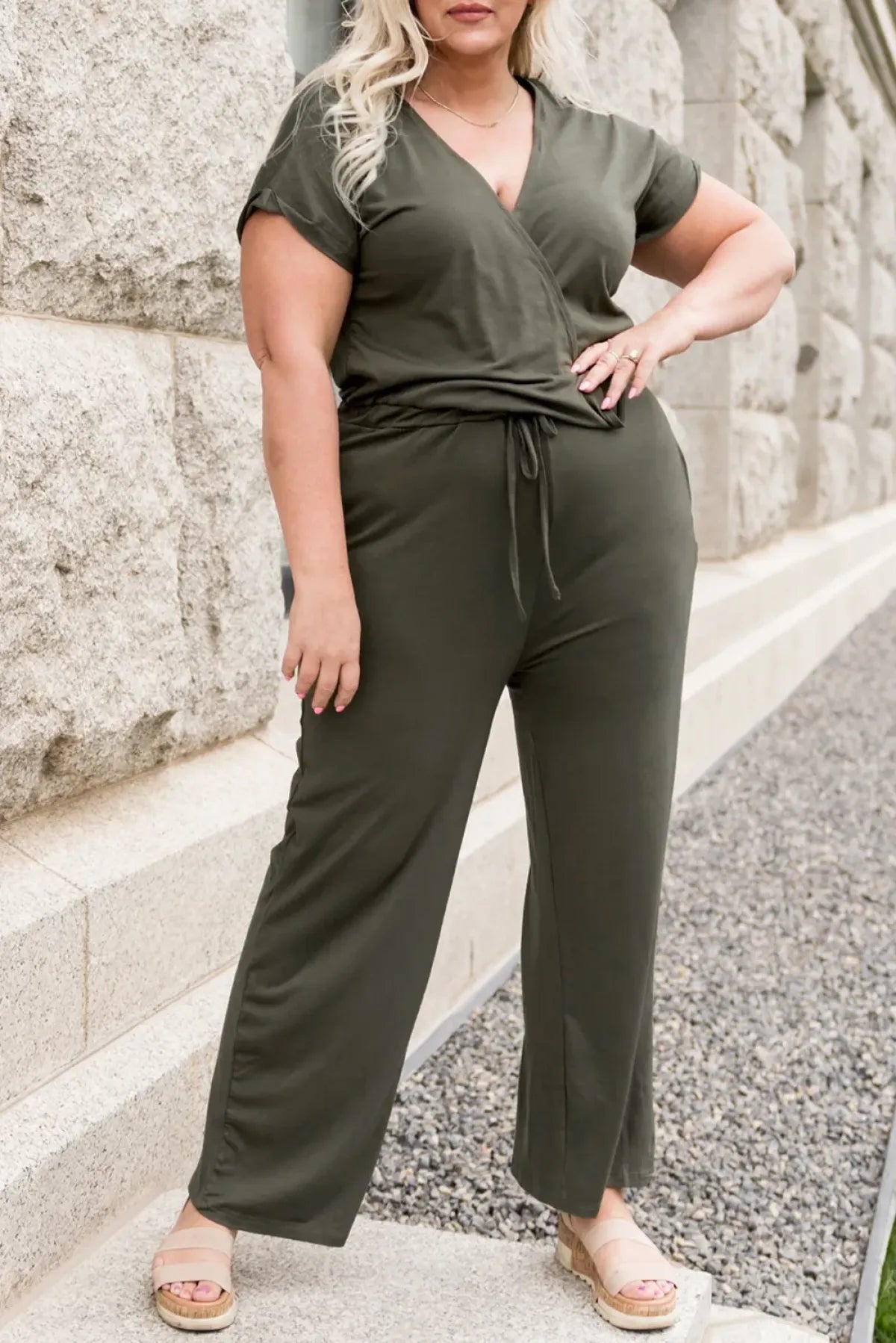 Green Drawstring Straight Leg Wrap V Neck Plus Size Jumpsuit | Art in Aging