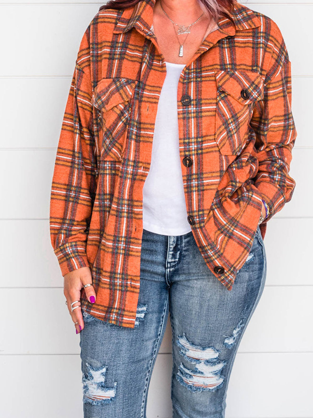 Orange Plus Size Plaid Pocketed Long Sleeve | Art in Aging