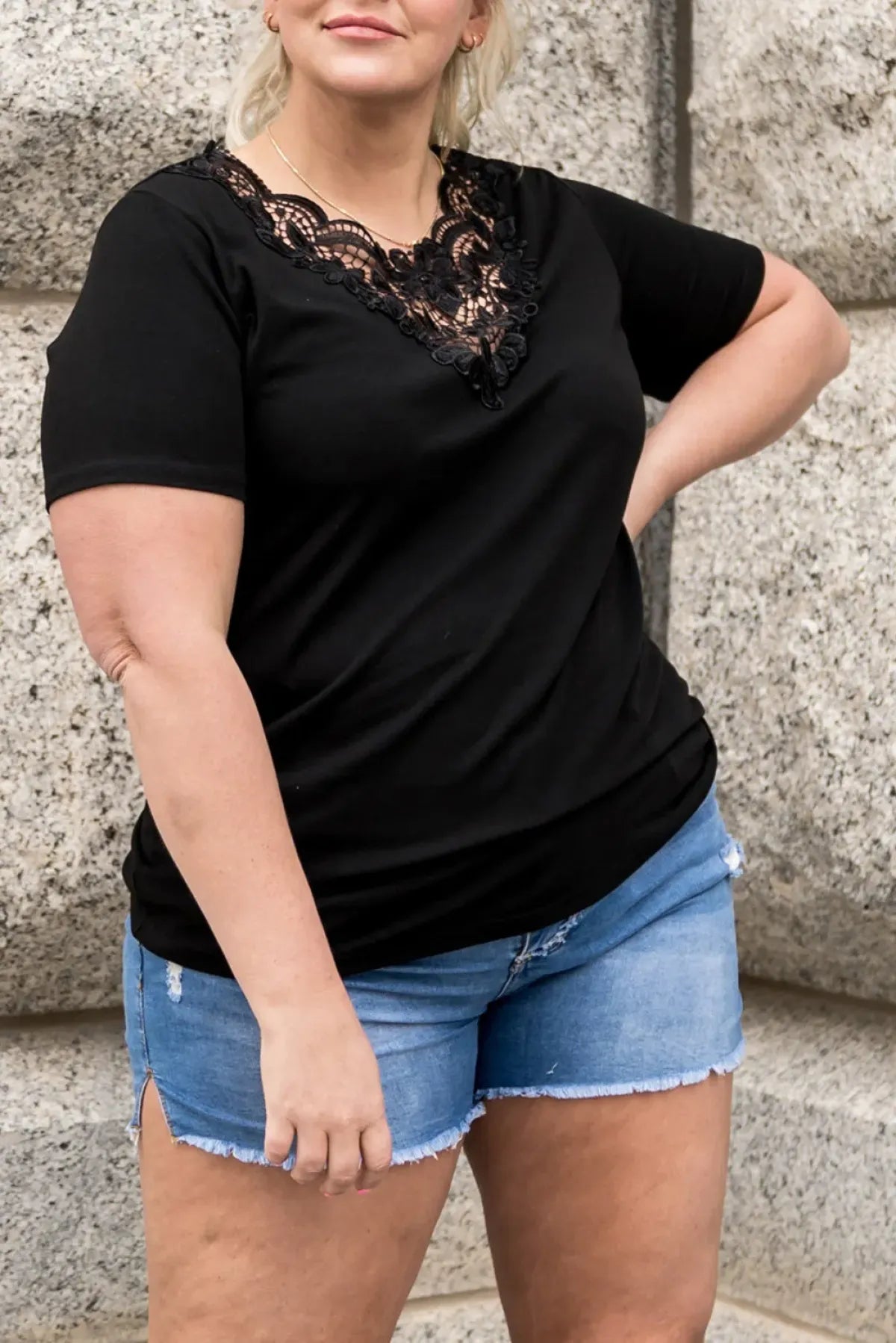 Black Plus Size Crochet Stitching Short Sleeve Top | Art in Aging